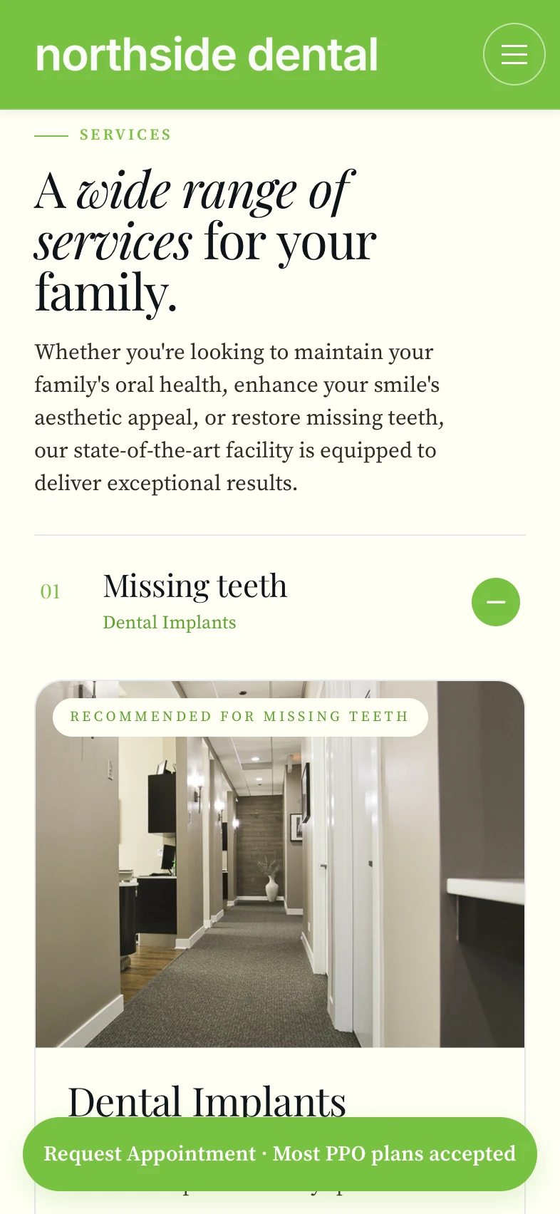 Northside Dental website on mobile, page details