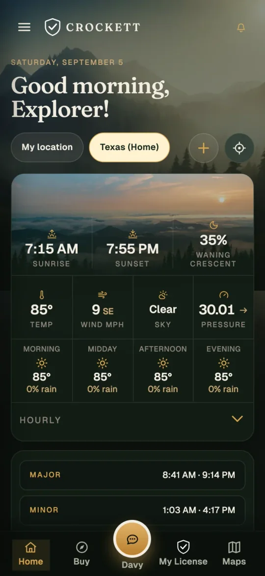 Crockett home interface showing outdoor conditions