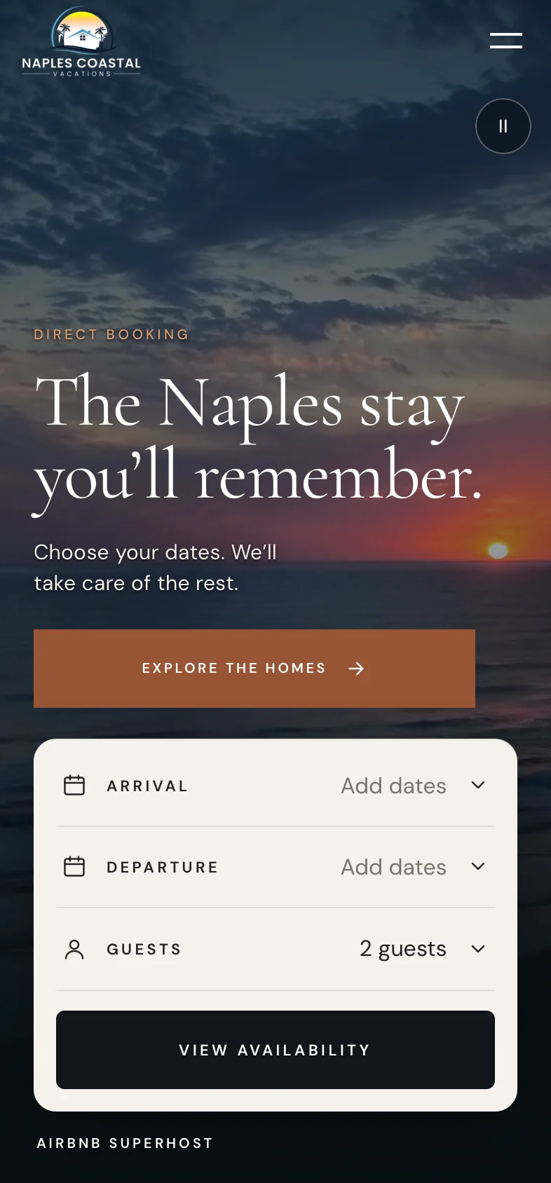 Naples Coastal Vacations mobile website and stay search