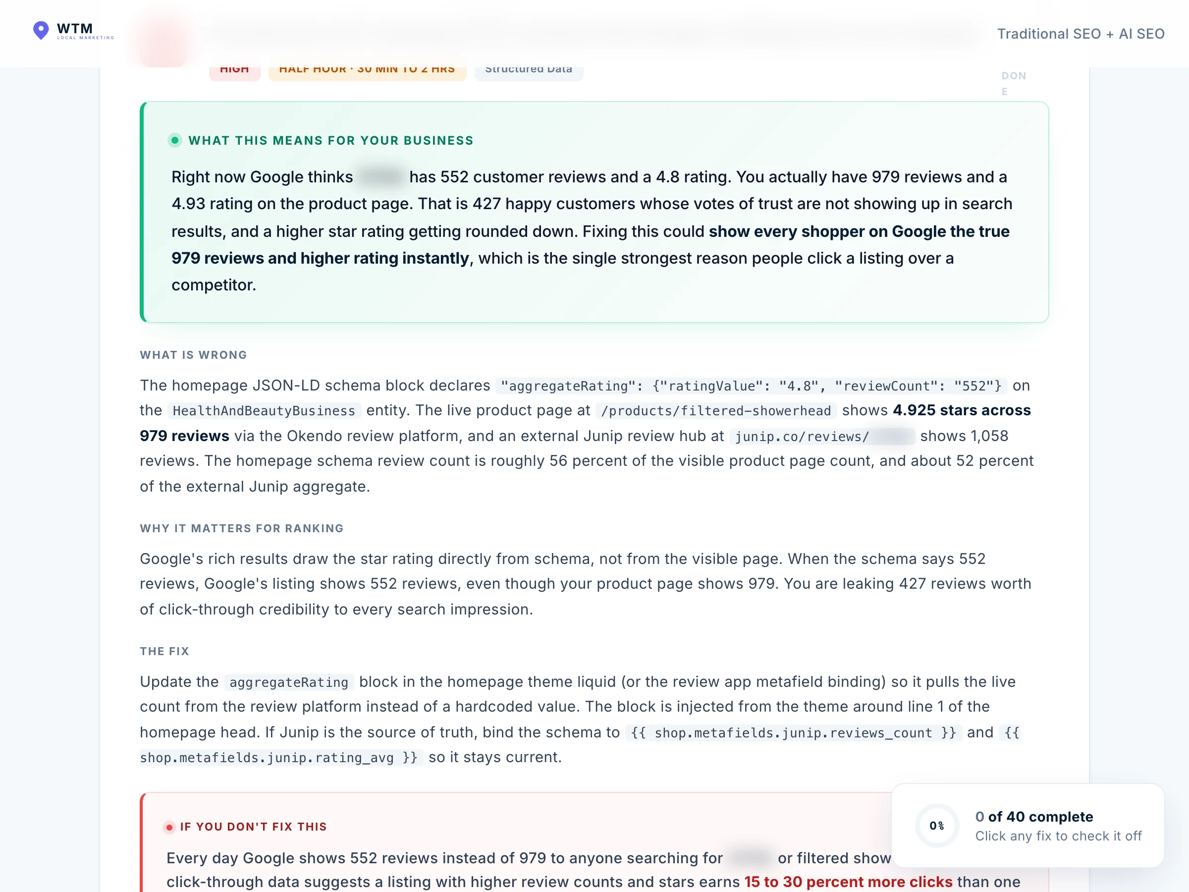 Example SEO finding -business impact, what's wrong, the fix, and warning