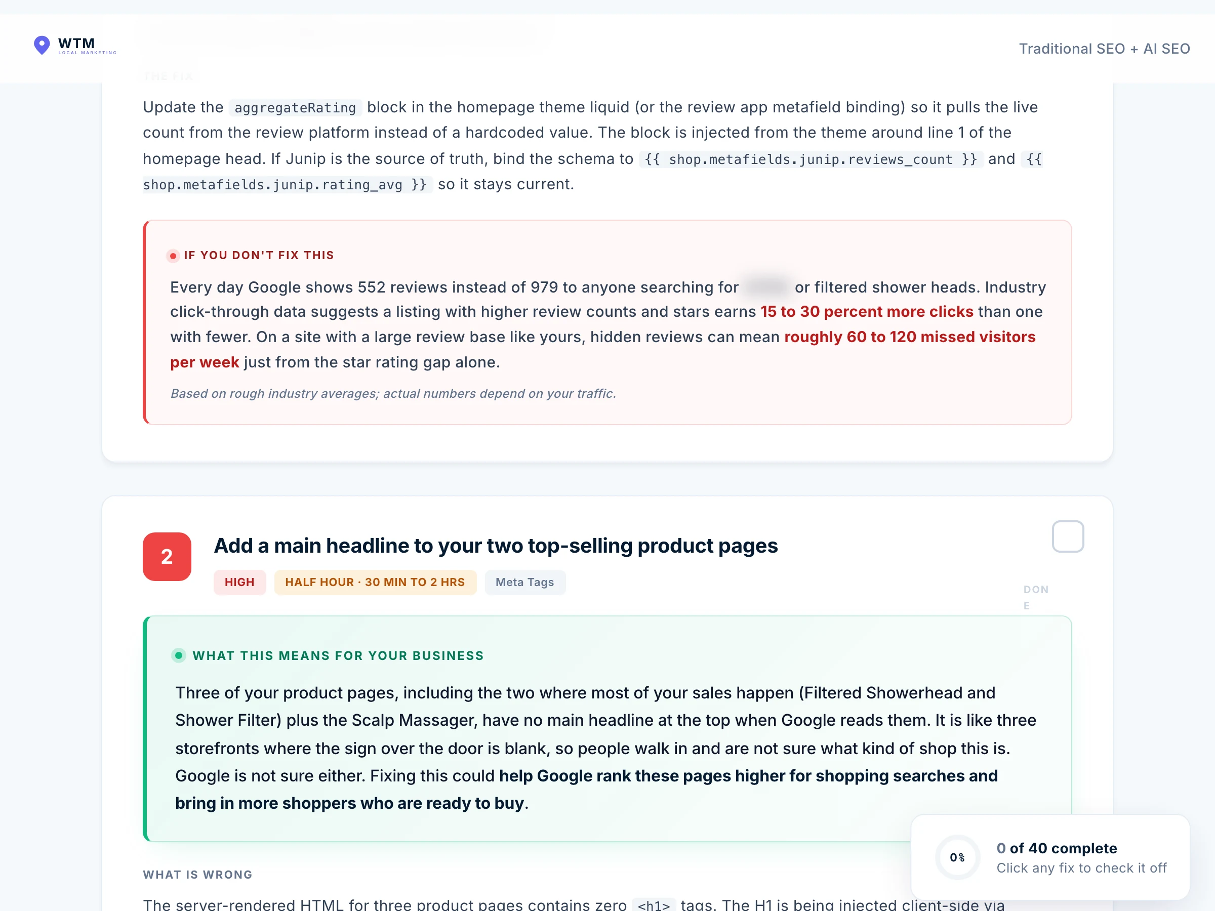 Example SEO finding -second prioritized fix with detailed recommendation