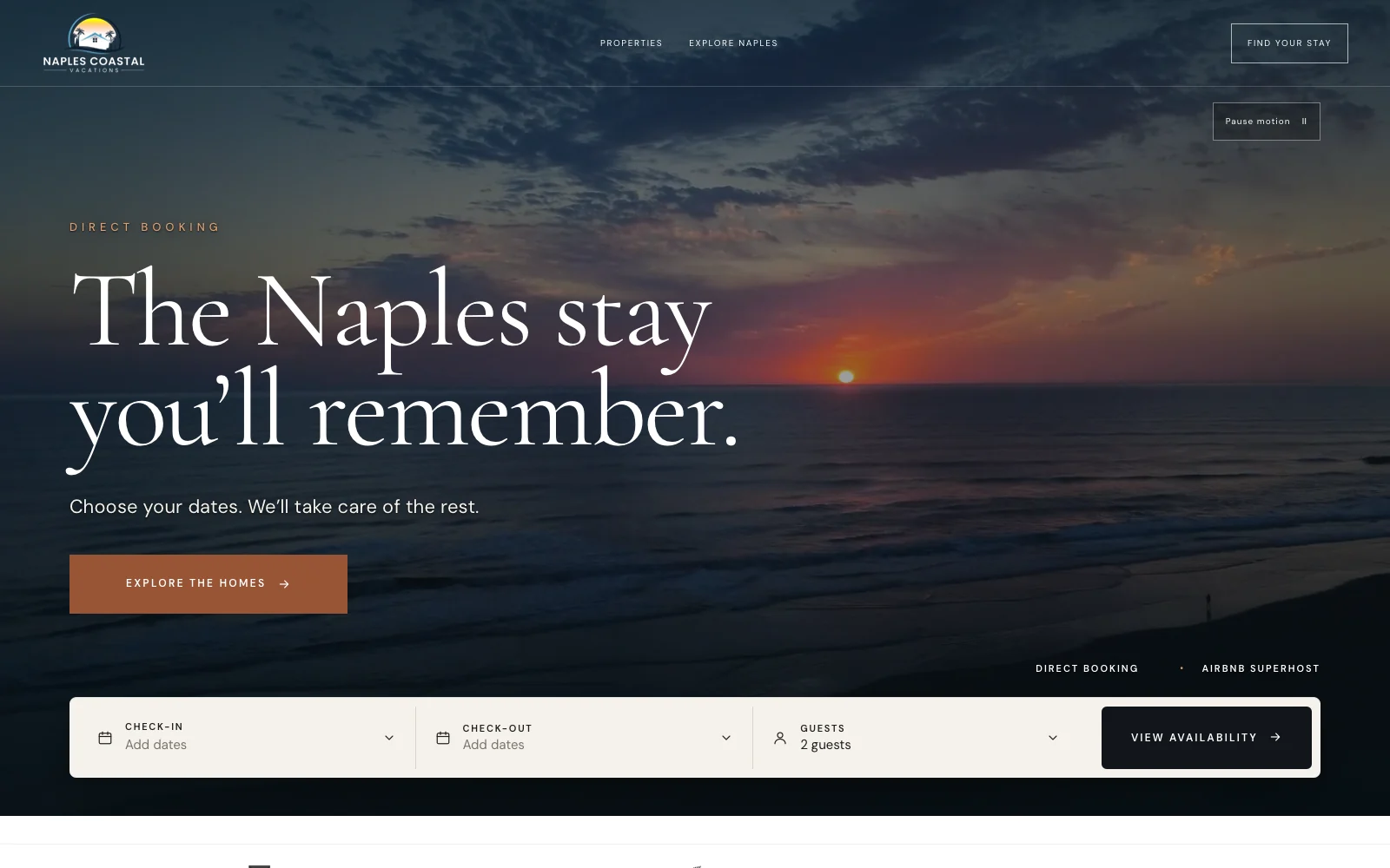 Naples Coastal Vacations desktop website with coastal imagery and direct booking