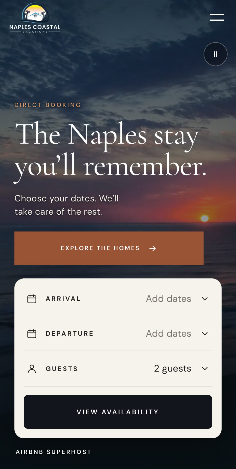 The same Naples Coastal Vacations website on iPhone, with its mobile booking search