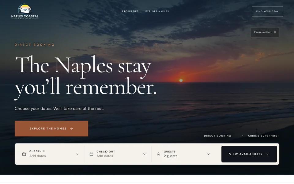 Naples Coastal Vacations website with coastal imagery and direct booking