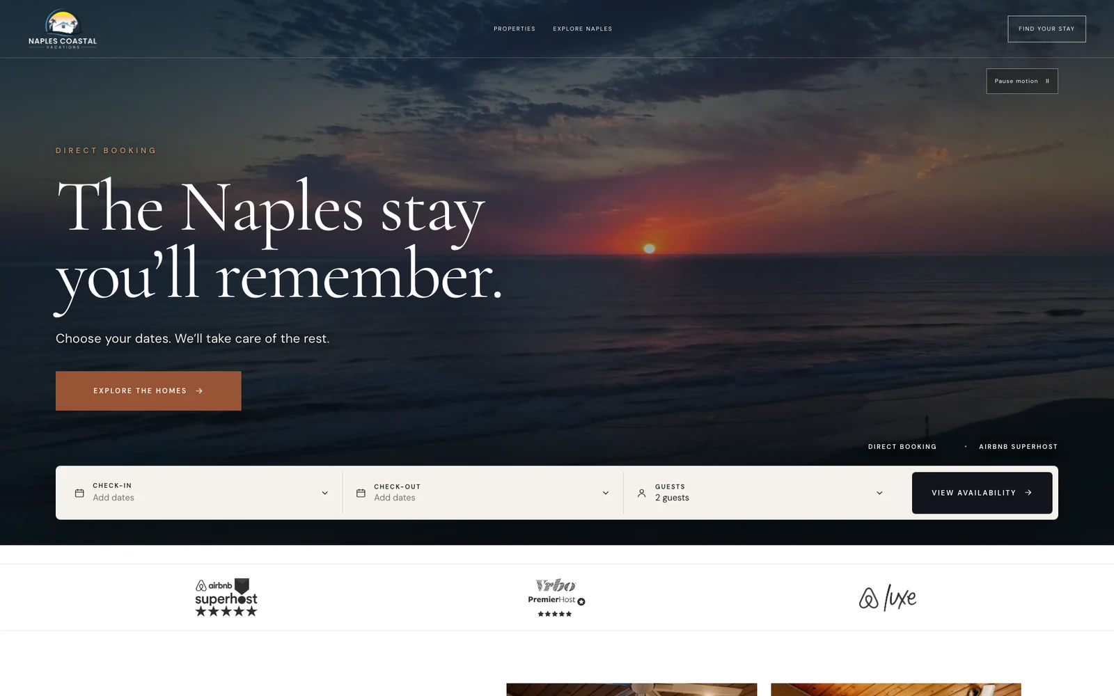 Naples Coastal Vacations website with a cinematic sunset and direct booking experience