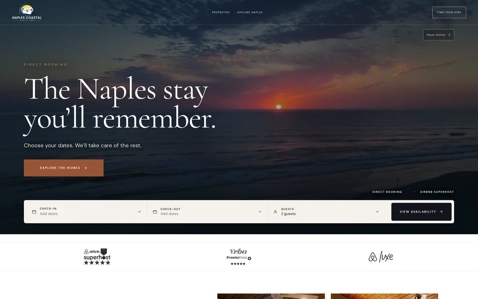 Naples Coastal Vacations website, with coastal imagery and a stay search